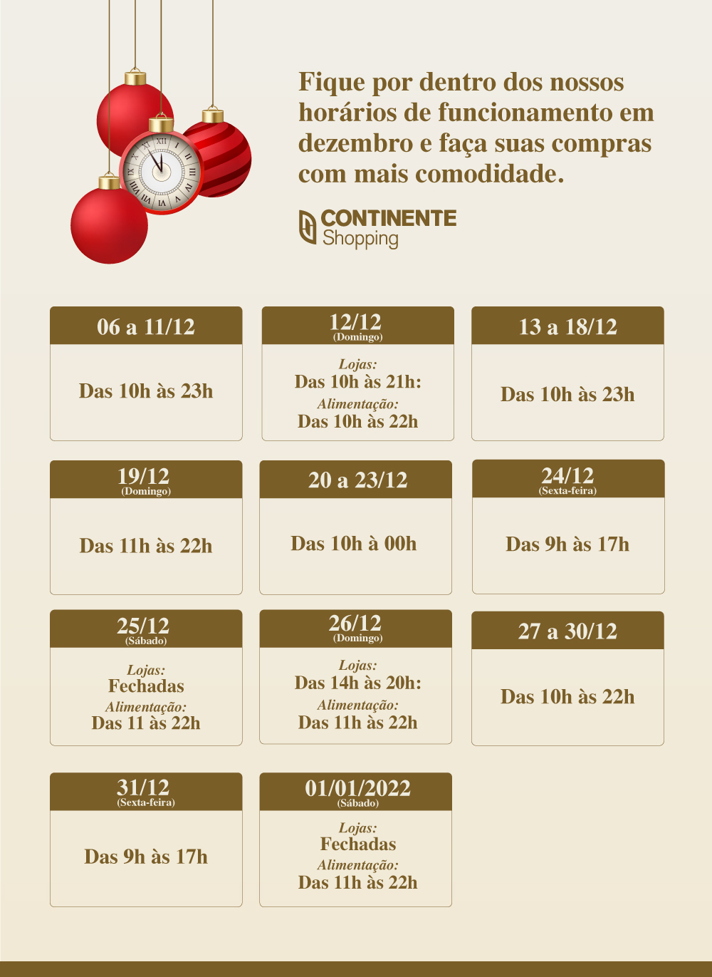 Confira os horários especiais de fim de ano do Continente Shopping