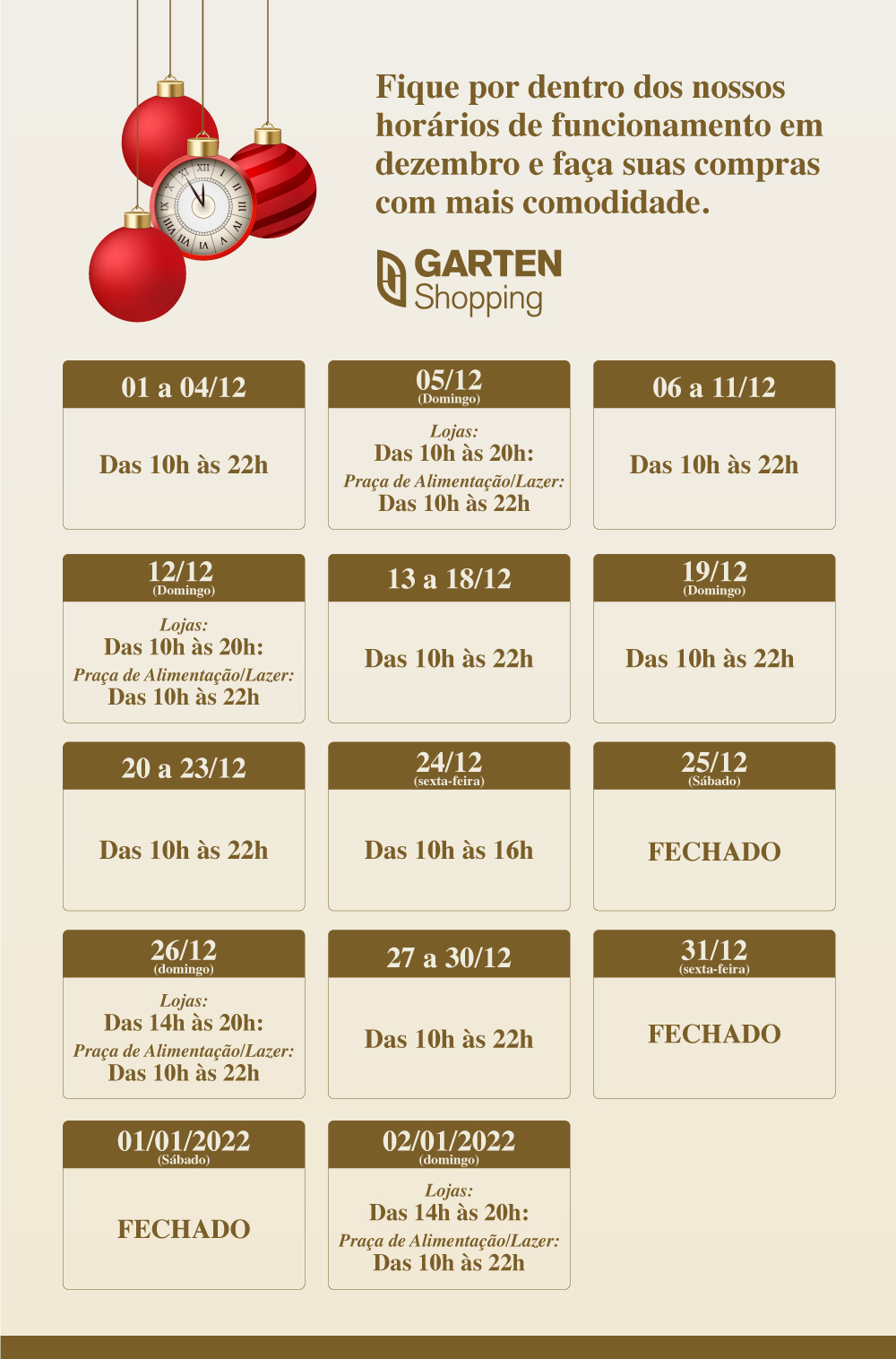 Confira os horários especiais de fim de ano do Garten Shopping