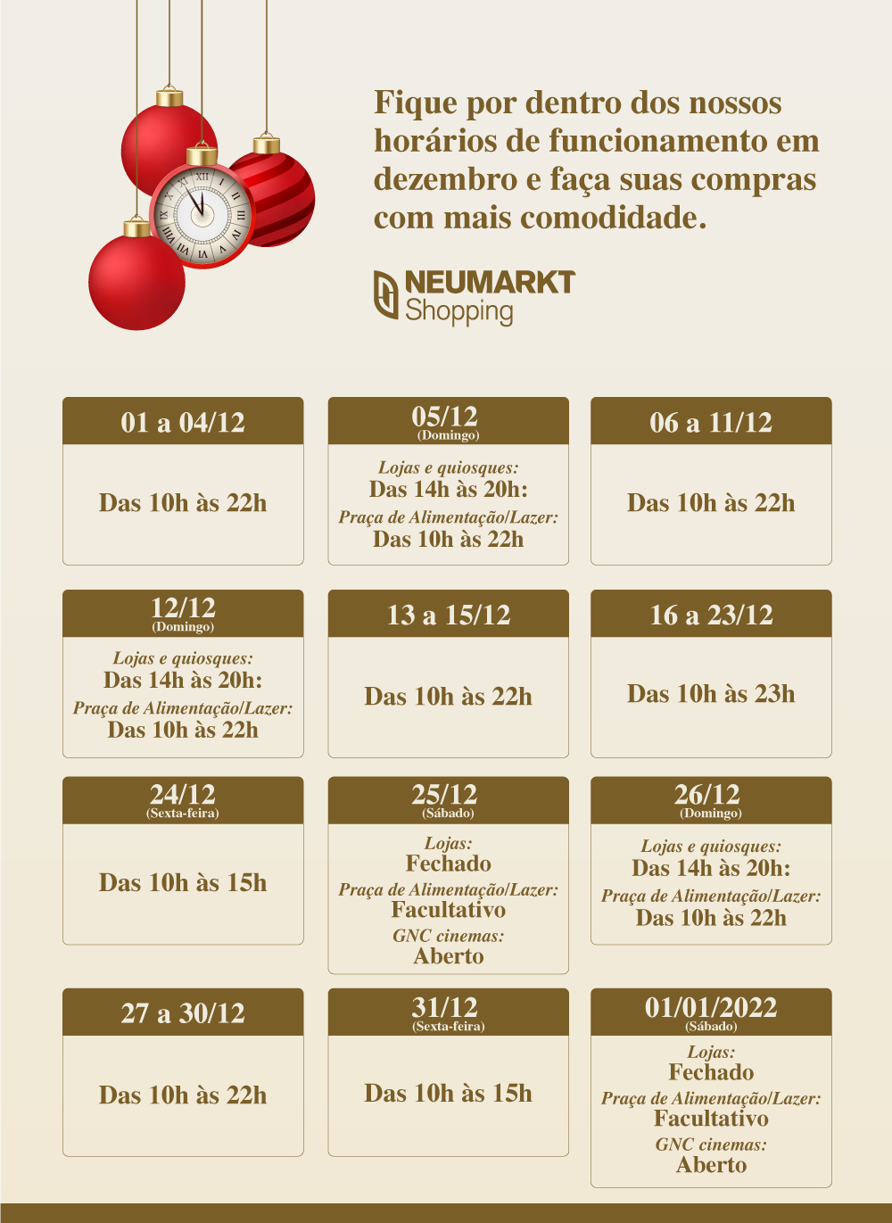 CONFIRA OS HORÁRIOS ESPECIAIS DE FIM DE ANO DO NEUMARKT SHOPPING
