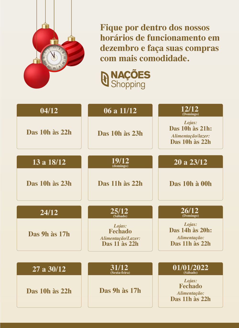 CONFIRA OS HORÁRIOS ESPECIAIS DE FIM DE ANO DO NAÇÕES SHOPPING