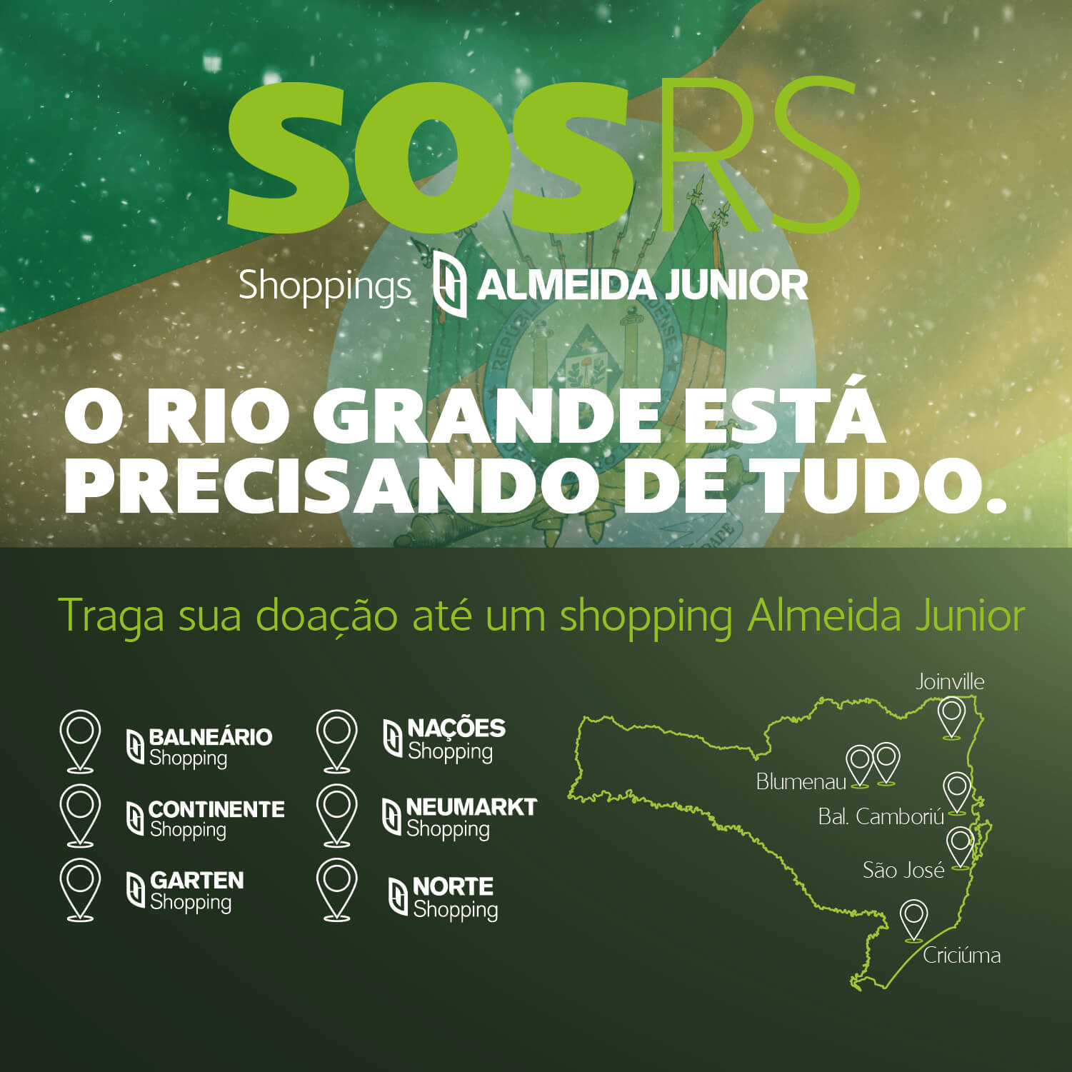 Grupo Almeida Junior se solidariza com as vítimas do Rio Grande do Sul e disponibiliza seus seis shoppings para receber grande volume de doações